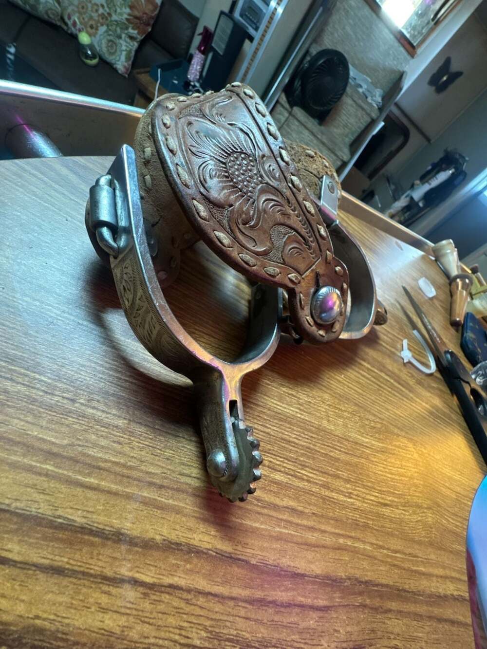 Western Cowboy Spurs with Handtooled Leather Straps
